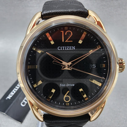 Citizen EcoDrive Watch Women 36mm Black Dial Rose Gold Tone Date Round FE60831