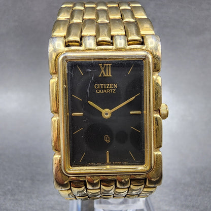 Citizen CQ Tank Watch Men 23mm Black Dial Gold Tone Rectangle New Battery