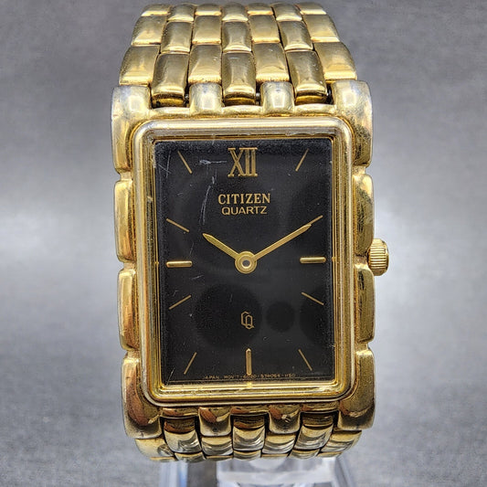 Citizen CQ Tank Watch Men 23mm Black Dial Gold Tone Rectangle New Battery