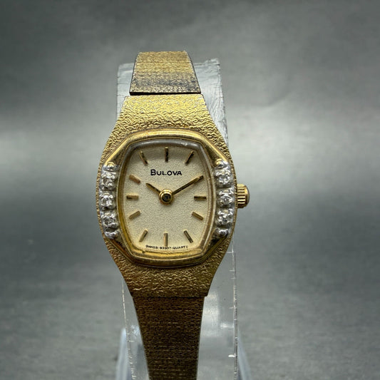 Bulova Watch Women 17mm Champagne Dial Gold Tone 83387 New Battery Diamond0