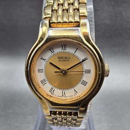 Seiko Watch Women 19mm Gold Dial Gold Tone Round V401-0289 New Battery Vintage D1