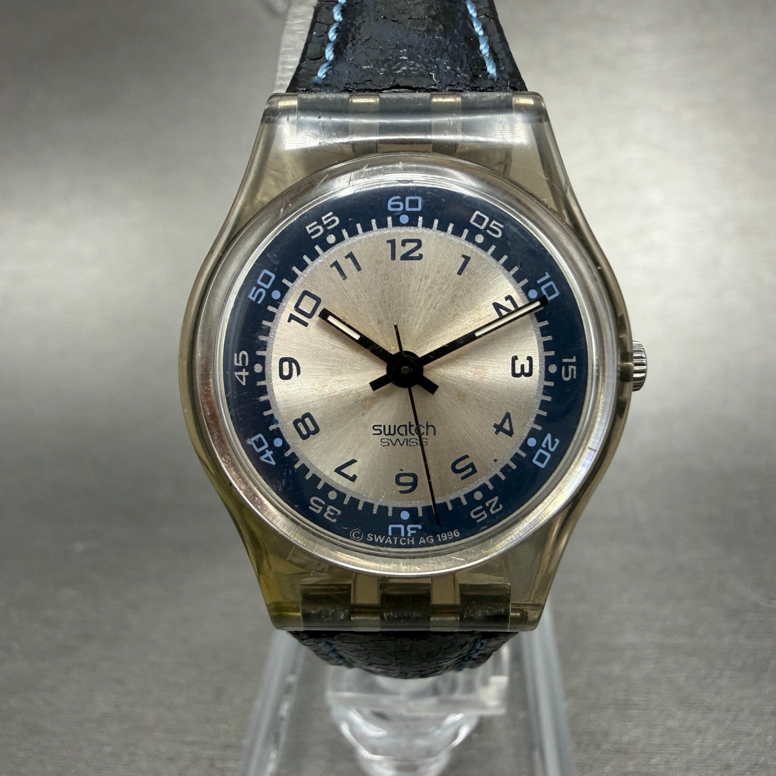 Swatch Razor Watch Women 25mm Silver Dial Clear Case Round New Battery0