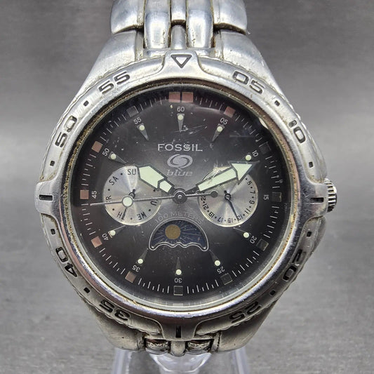 Fossil Blue Dive Watch Men 40mm Gray Dial Steel Daydate Sun Moon BQ-9135 New Bat0