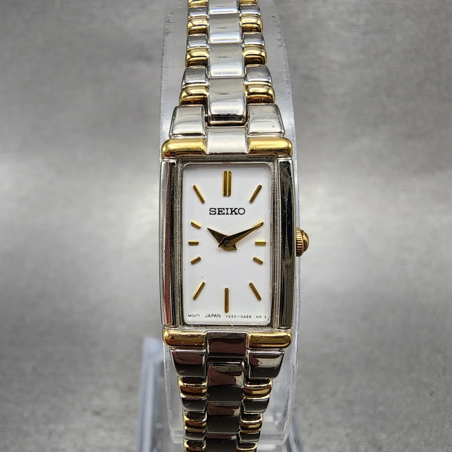 Seiko Tank Watch Women 13mm White Dial Two Tone Rectangle V2200AB0 New Battery0
