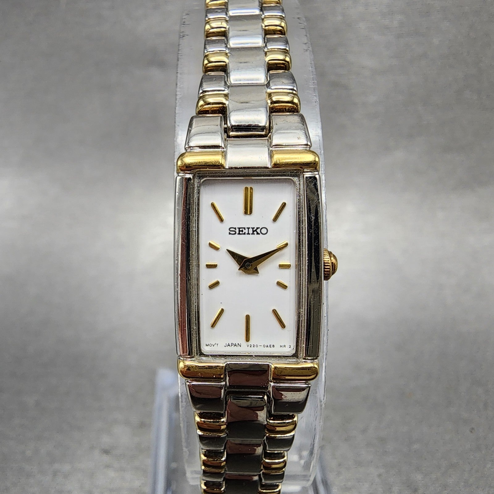 Seiko Tank Watch Women 13mm White Dial Two Tone Rectangle V2200AB0 New Battery0