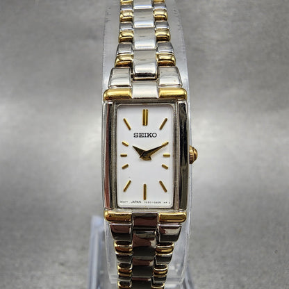 Seiko Tank Watch Women 13mm White Dial Two Tone Rectangle V2200AB0 New Battery0