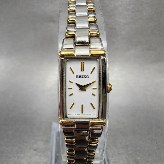 Seiko Tank Watch Women 13mm White Dial Two Tone Rectangle V2200AB0 New Battery0
