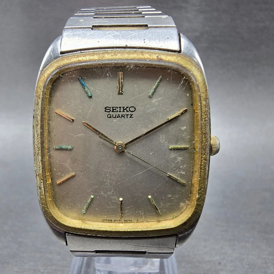 Seiko Watch Men 30mm Silver Dial Two Tone Rectangle 6431-5010 PARTS Vintage0