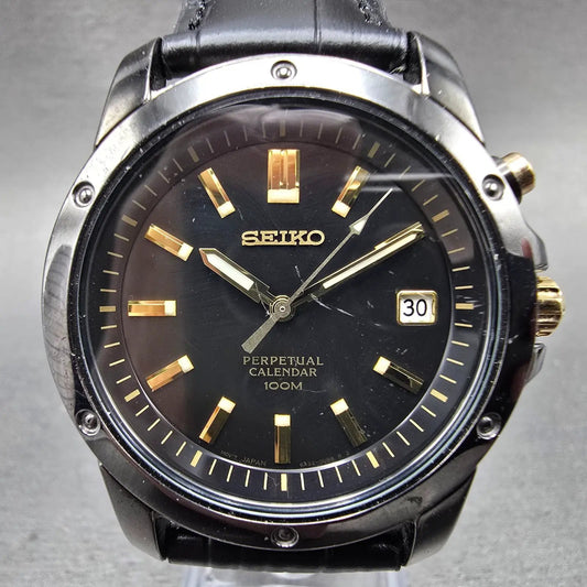 Seiko Perpetual Calendar Watch Men 39mm Black Dial Black Gold Date New Battery F0