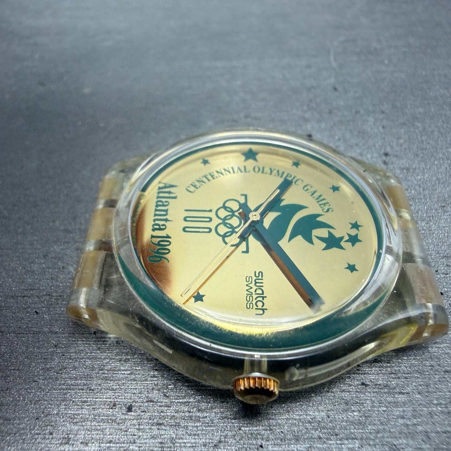 Swatch Olympics 1996 Watch Men 34mm Gold Dial Clear Round GZ136 New Battery 1235