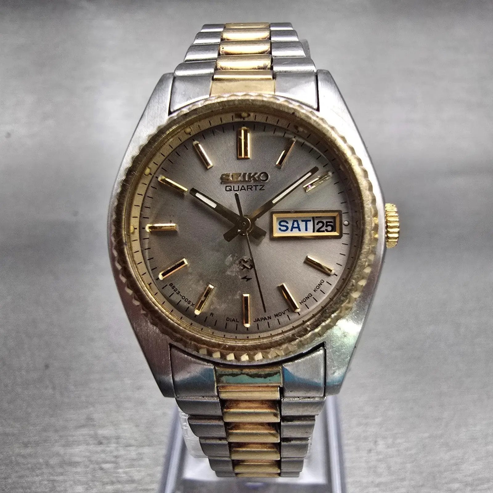 Seiko SQ Watch Women 24mm Silver Dial Two Tone Daydate Round 8523-0050 New BattF0