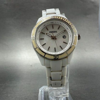 Fossil Stella Watch Women 31mm MOP Dial White Plastic Date Round ES-2544 NewBatt5