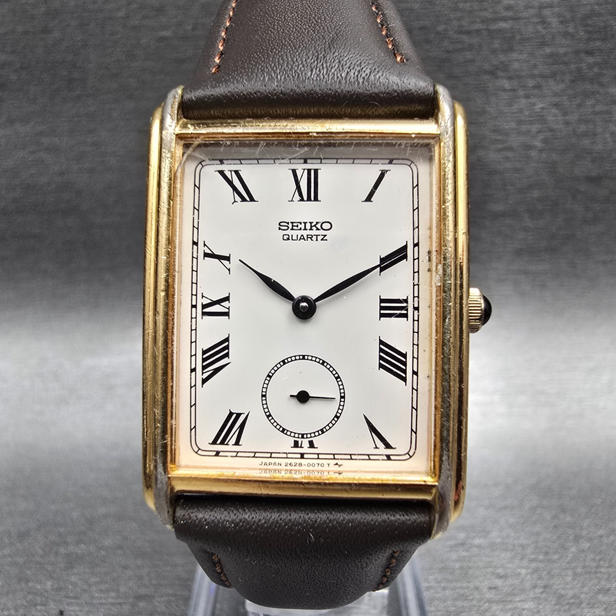 Seiko Tank Watch Men 25mm White Dial Gold Tone Rectangle 2628-5019 New Battery0
