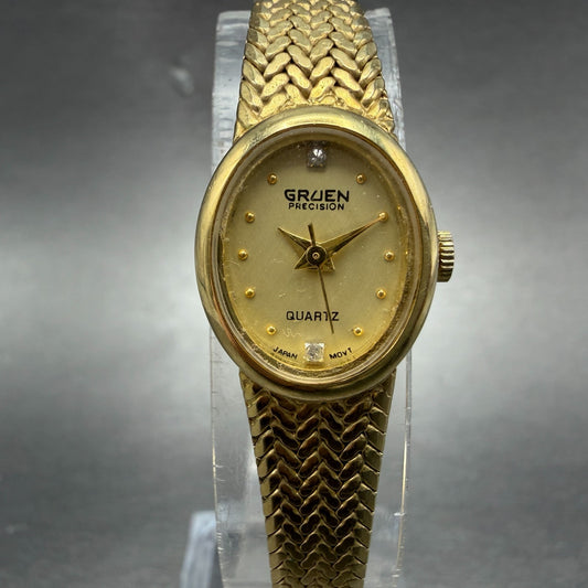 Gruen Watch Women 16mm Gold Dial Gold Tone Oval Mesh band New Battery VTG0