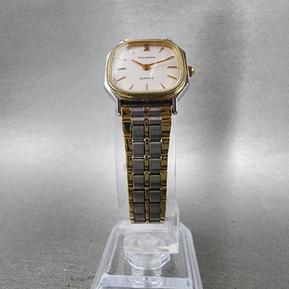 Technos Tank Watch Women 21mm White Dial Two Tone Rectangle New Battery5