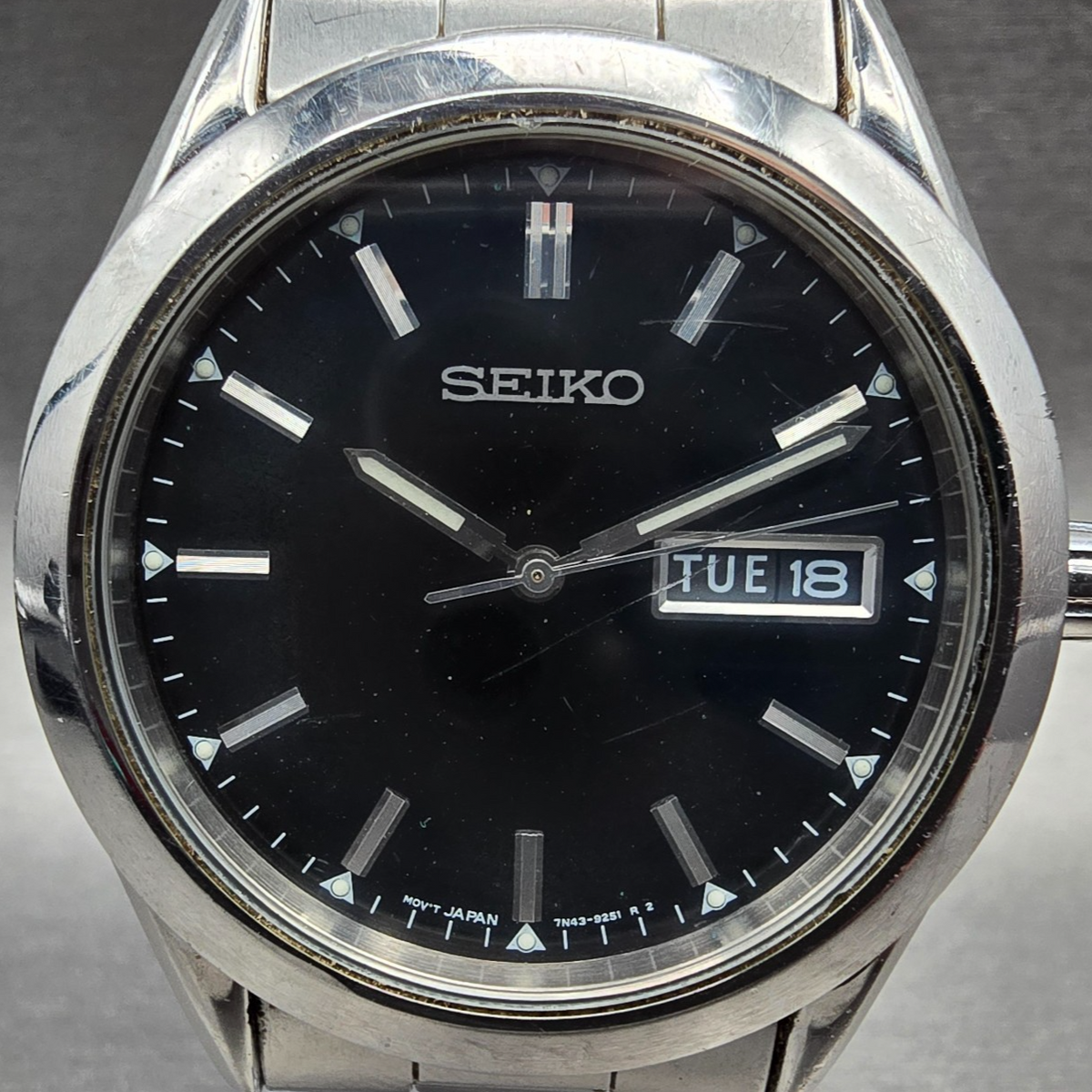Seiko Watch Men 37mm Black Dial Silver Daydate Round 7N43-9070 New Battery JP21