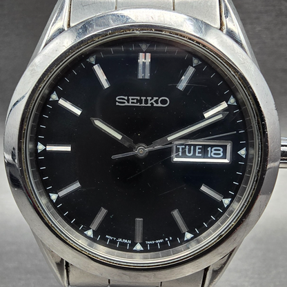 Seiko Watch Men 37mm Black Dial Silver Daydate Round 7N43-9070 New Battery JP21