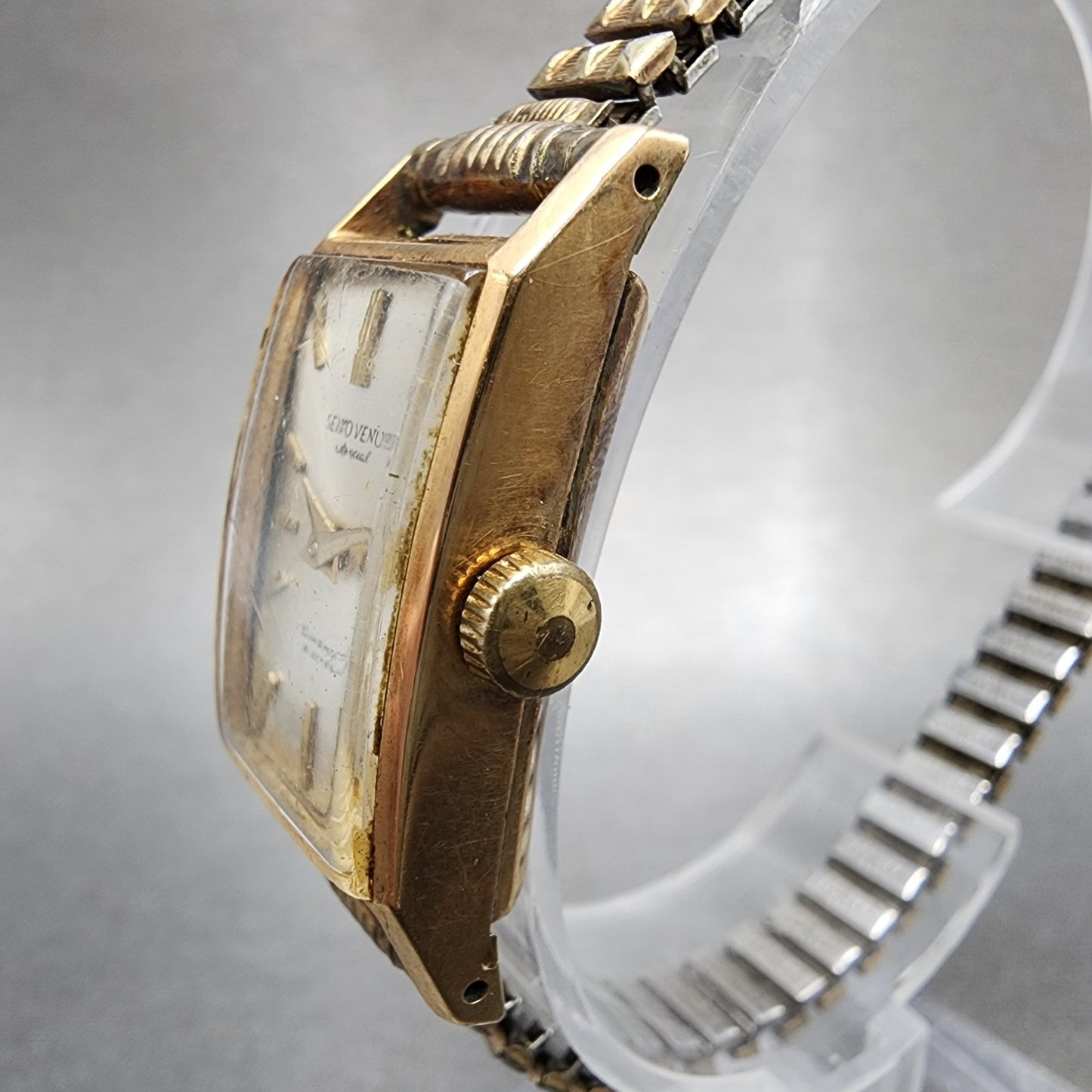 Seiko Venus Special Tank Watch Women 16mm Silver Dial 14K Gold Filled Manual Run2