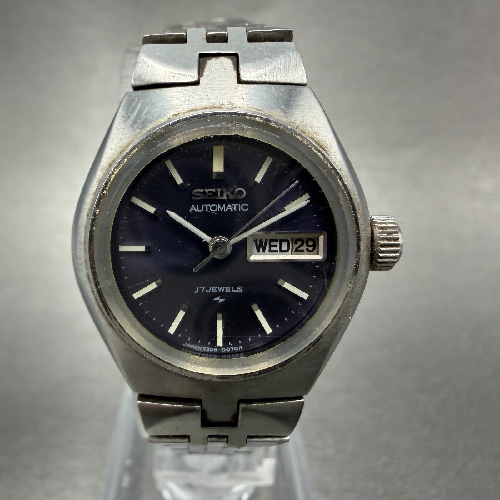 Seiko Automatic Watch Women 24mm Purple Dial Silver Tone Daydate 22060070 Runs0