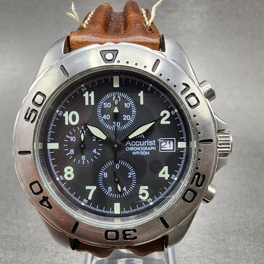Accurist Chronograph Watch Men 41mm Black Dial Steel Date Round New Battery READ