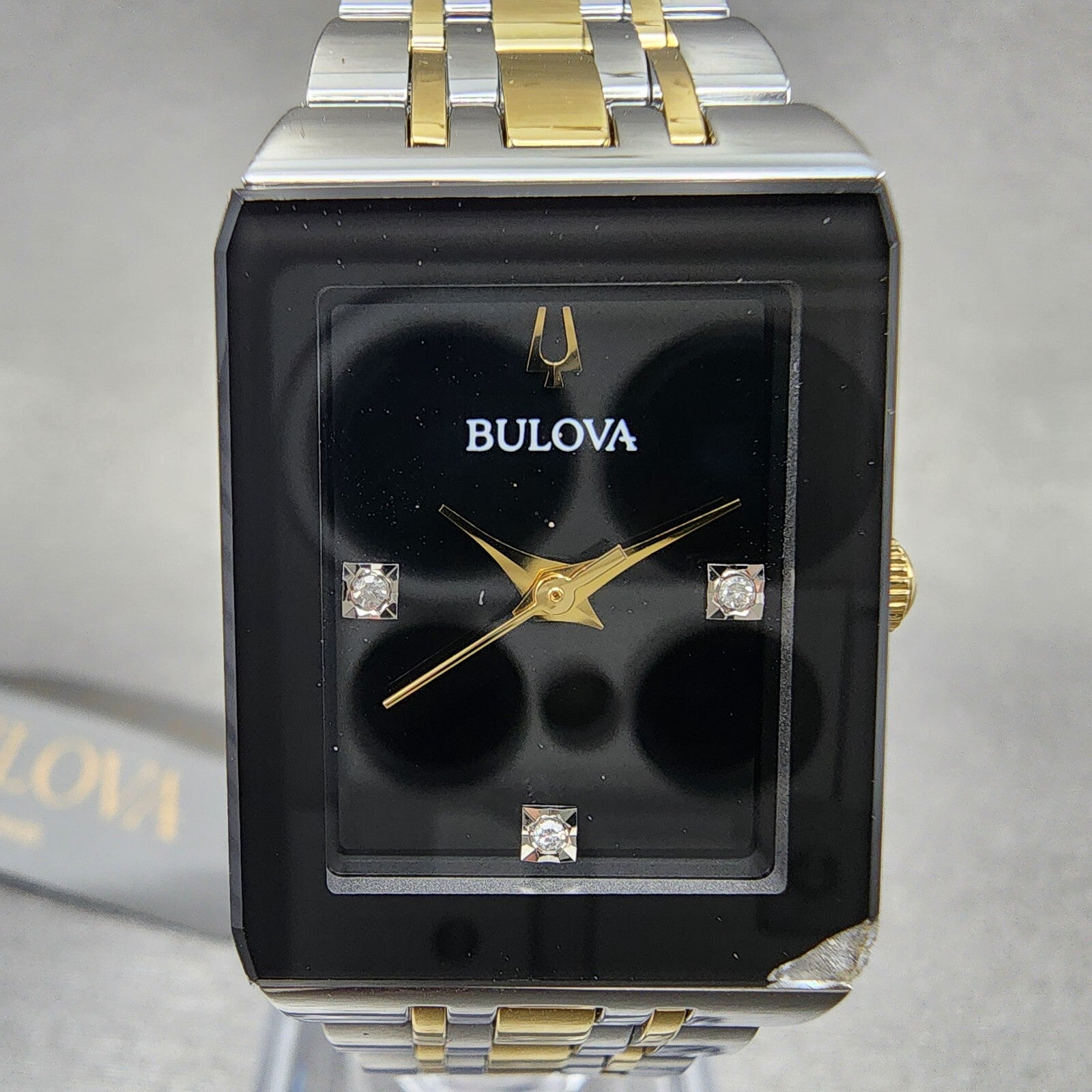 Bulova Quadra Tank Watch Women 21mm Black Dial Two Tone Rectangle 98P185 CHIPPED1