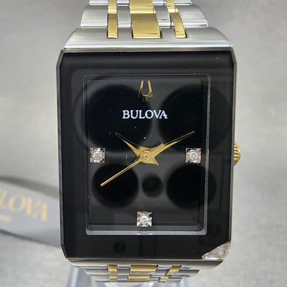 Bulova Quadra Tank Watch Women 21mm Black Dial Two Tone Rectangle 98P185 CHIPPED1