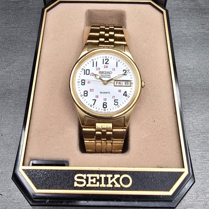 Seiko Railroad Approved Watch Men 35mm White Dial Gold Daydate 7N43-8A39 New Bat0