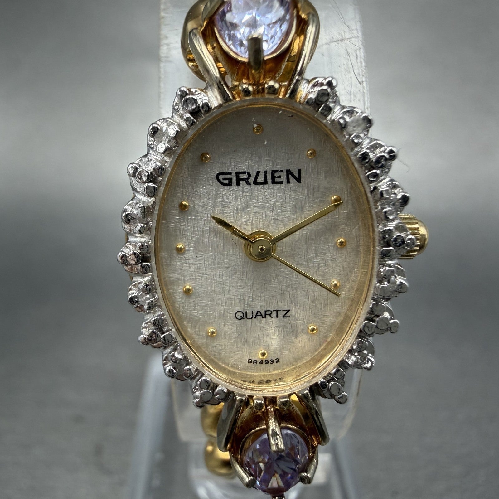 Gruen Watch Women 18mm White Dial Gold Tone Oval Pink Gem Stones New Battery ABC1