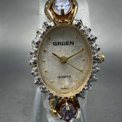 Gruen Watch Women 18mm White Dial Gold Tone Oval Pink Gem Stones New Battery ABC1