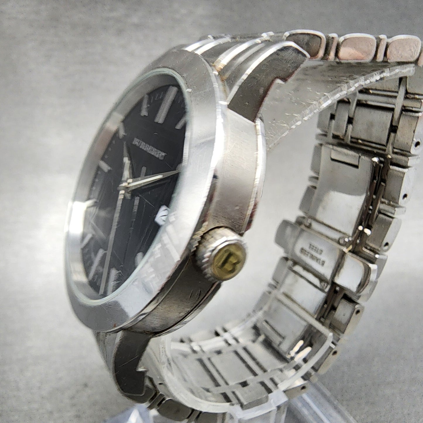 Burberry Watch Men 38mm Black Dial Steel Date Round BU1364 New Battery