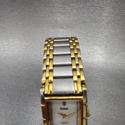 Pulsar Tank Watch Women 17mm MOP Dial Two Tone Rectangle V232-6050 New Battery