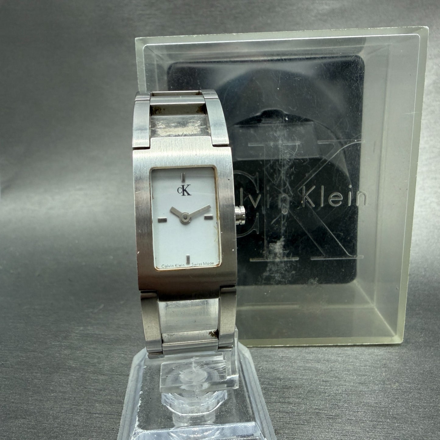Calvin Klein Tank Watch Women 17mm White Dial Steel Rectangle K4111 New Battery0