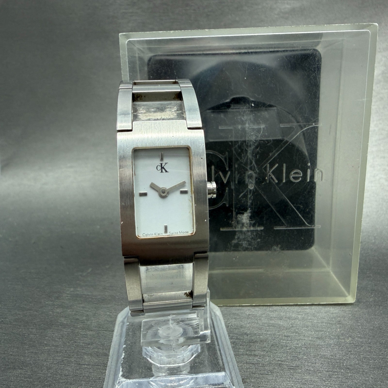 Calvin Klein Tank Watch Women 17mm White Dial Steel Rectangle K4111 New Battery0
