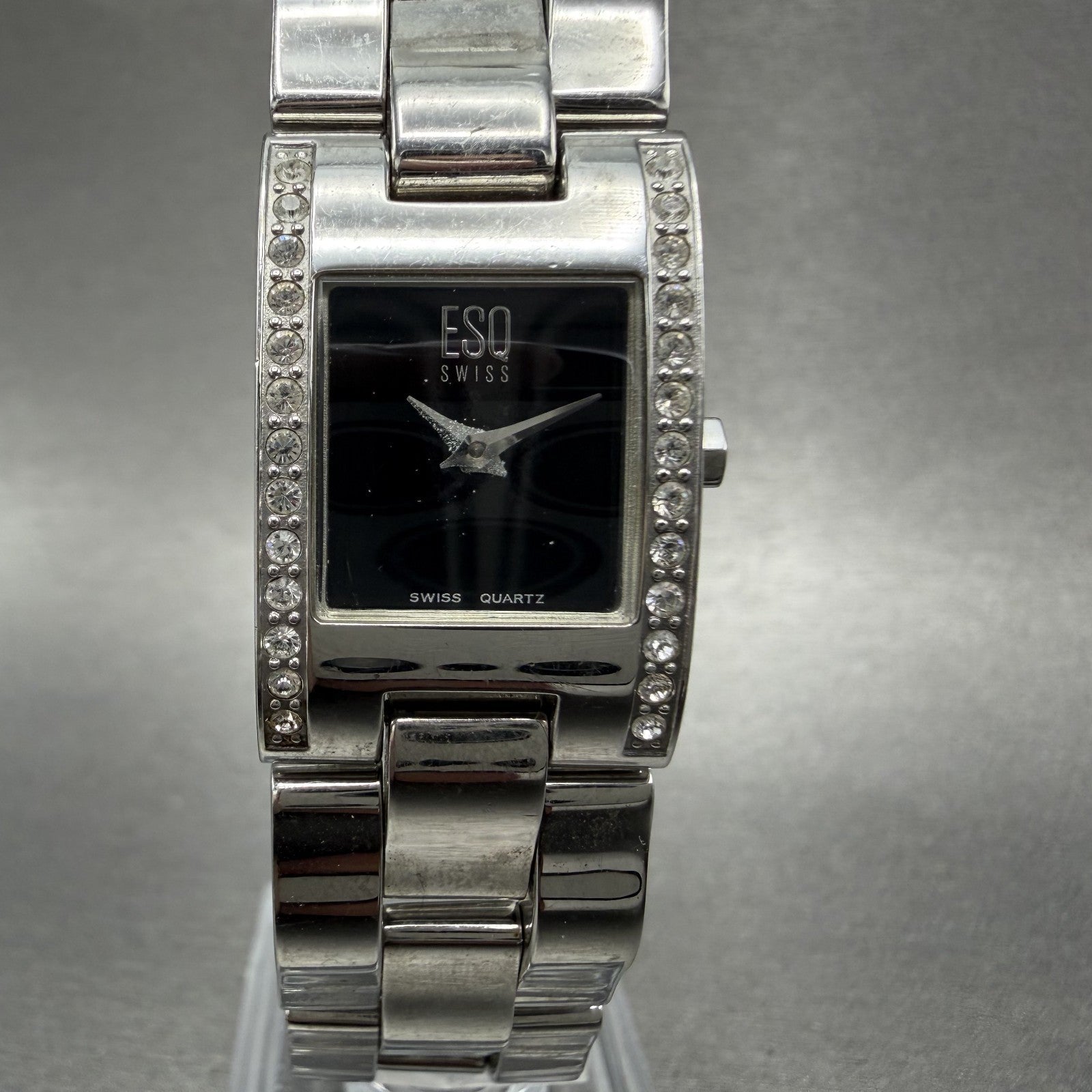 ESQ Tank Watch Women 18mm Black Dial Silver Tone Rectangle Crystals New Battery0