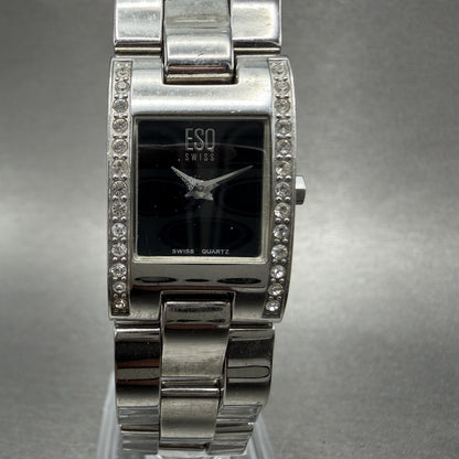 ESQ Tank Watch Women 18mm Black Dial Silver Tone Rectangle Crystals New Battery0