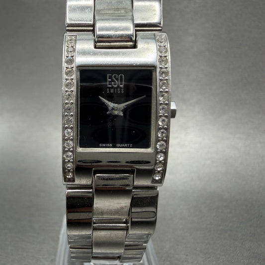 ESQ Tank Watch Women 18mm Black Dial Silver Tone Rectangle Crystals New Battery0