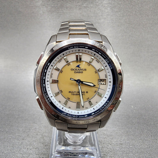 Casio Oceanus Watch Men 42mm Cream Dial Silver Ton Date Round Solar Atomic Works0