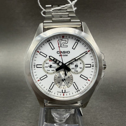 Casio MTP-E350 Watch Men 39mm White Dial Silver Tone Daydate Metal Bracelet0