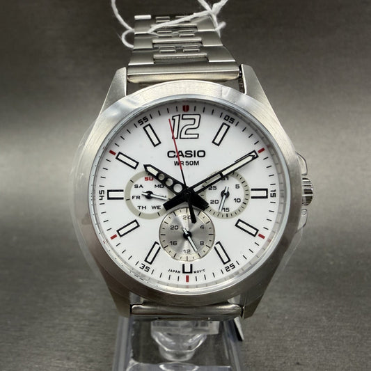 Casio MTP-E350 Watch Men 39mm White Dial Silver Tone Daydate Metal Bracelet0