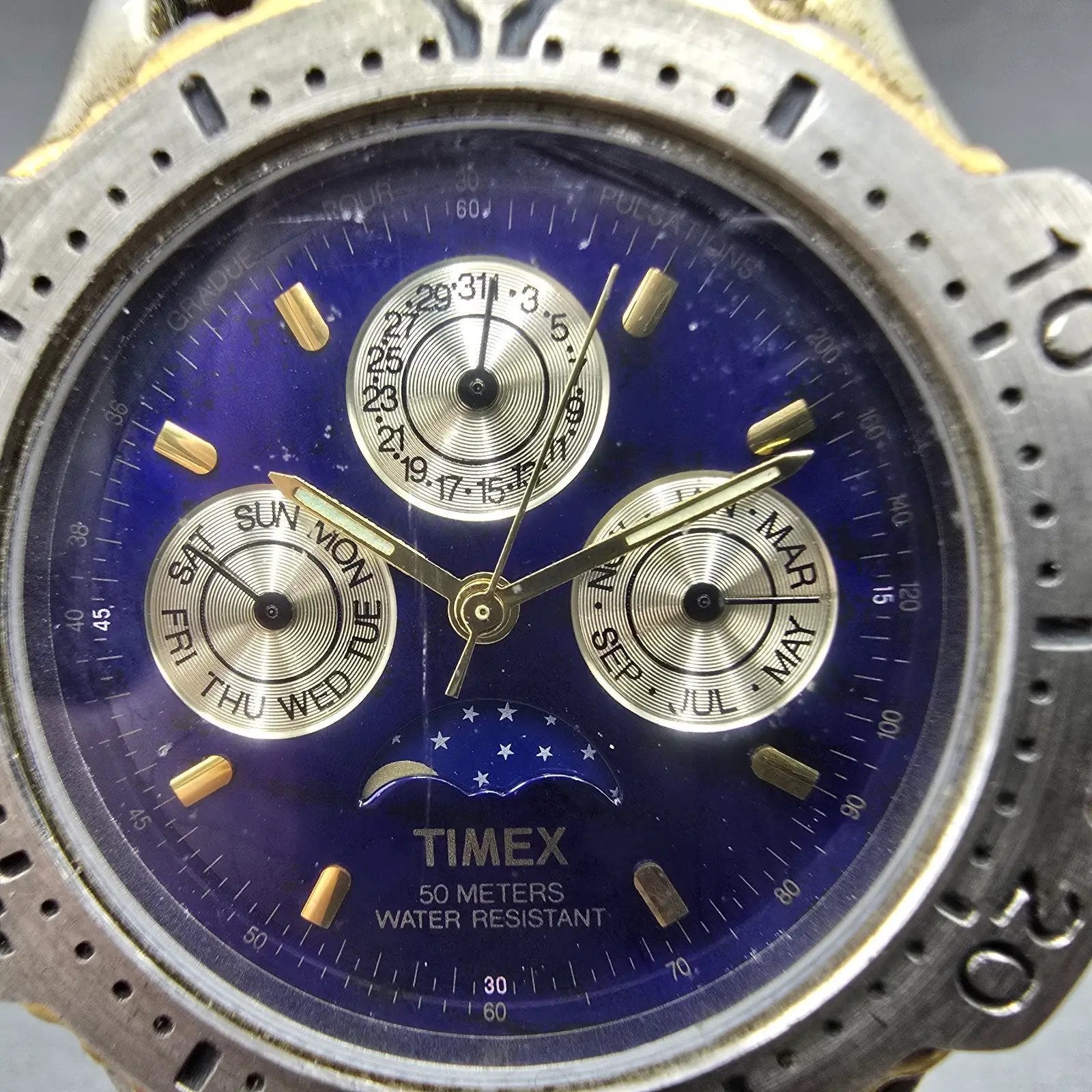 Timex Moon Phase Triple Calendar Watch Men 42mm Blue Dial Two Tone New Battery1