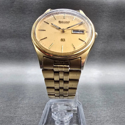 Seiko SQ Watch Men 34mm Gold Dial Gold Tone Daydate Round 5Y23-8049 New Batt JP15