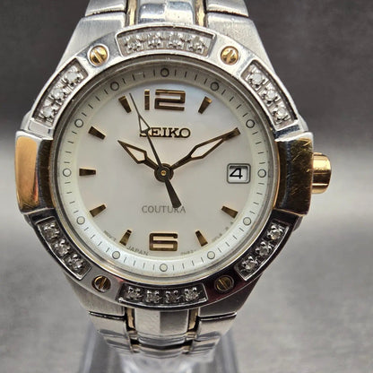 Seiko Coutura Watch Women 26mm MOP Dial Two Tone Date Diamond 7N82-0CG0 New Batt1