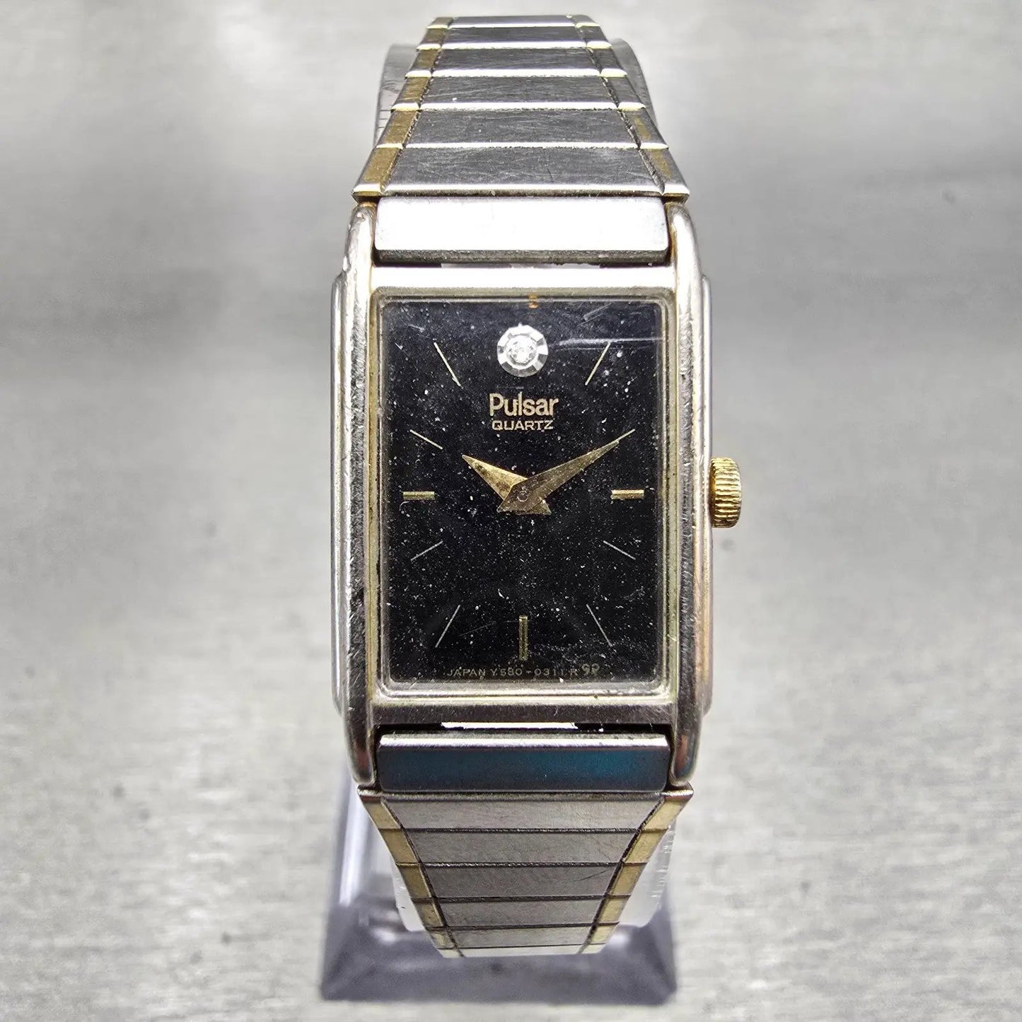 Seiko Pulsar Watch Women 16mm Black Dial Two Tone Rectangle Y580-5169 New Batt0