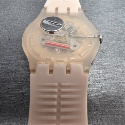 Swatch Rose Rebel Watch Men 41mm Pink Dial Pink Tone Daydate SUOT700 New Batt CH14