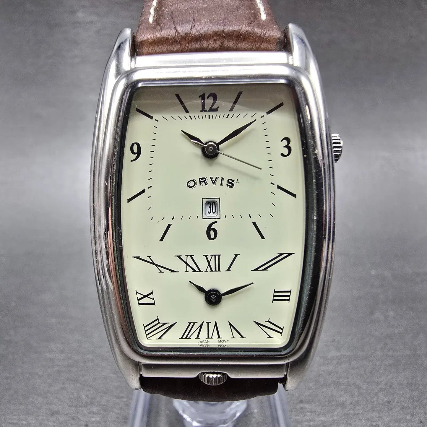 Orvis Dual Time Tank Watch Men 29mm Cream Dial Silver Tone Leather New Battery0