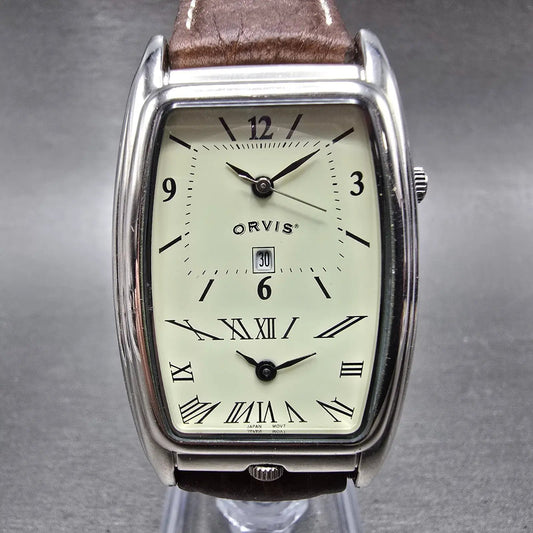 Orvis Dual Time Tank Watch Men 29mm Cream Dial Silver Tone Leather New Battery0