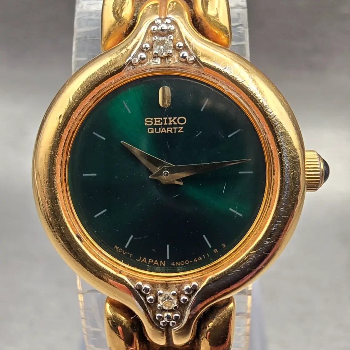 Seiko Watch Women 20mm Green Dial Gold Tone Gemmed Round 4N00-1171 New Battery1