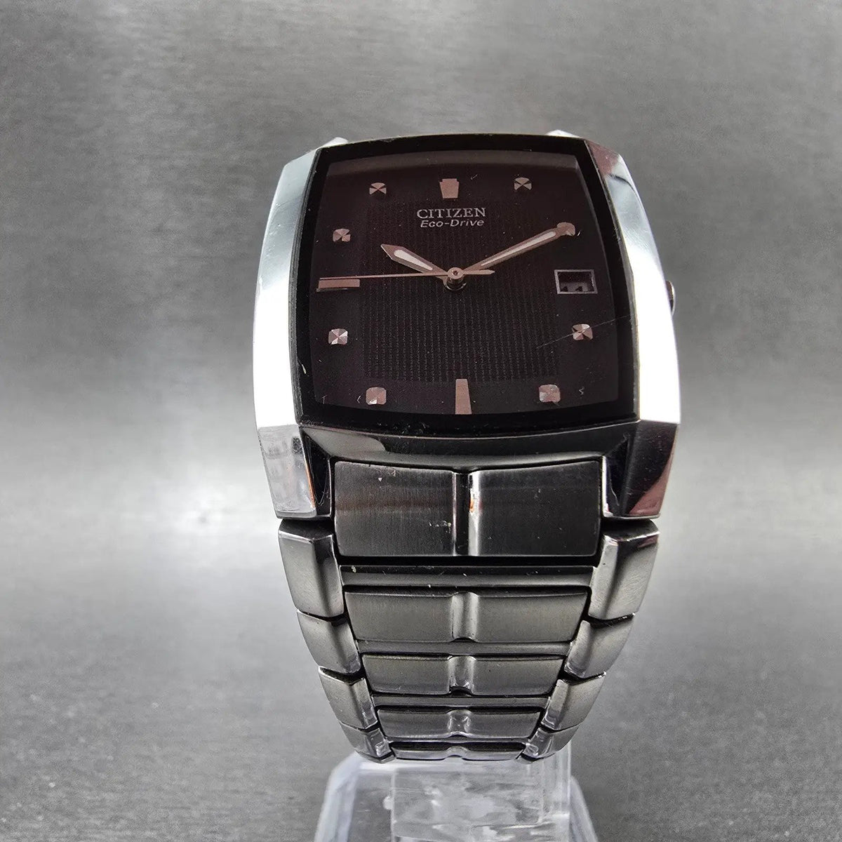 Citizen Eco-Drive Tank Watch Men 31mm Black Dial Steel Date E111-S049385 Runs JP5