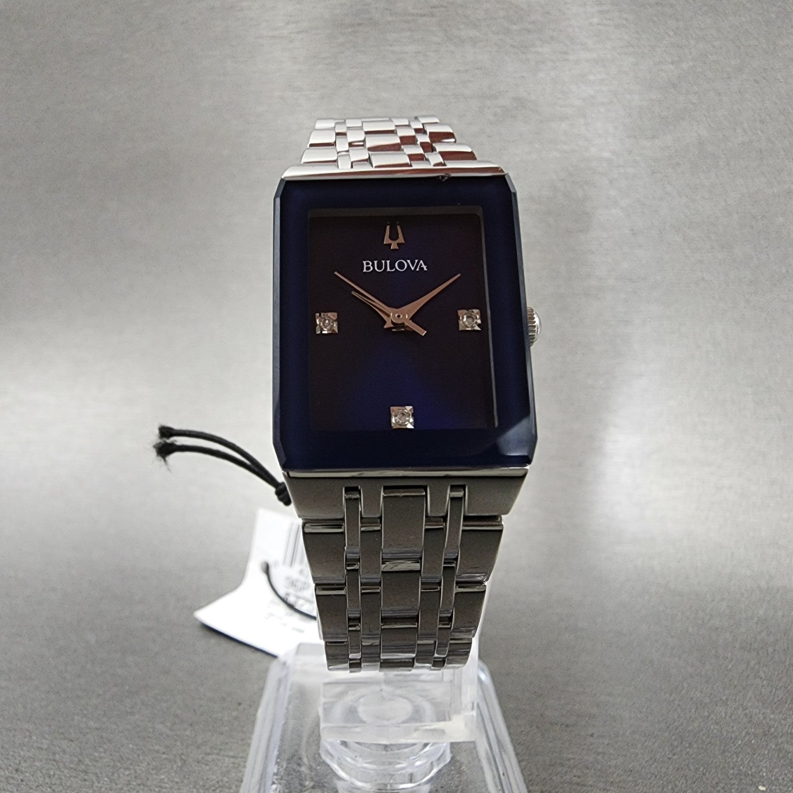 Bulova Quadra Tank Watch Women 21mm Blue Dial Silver Tone Rectangle 96P187 CHIP5