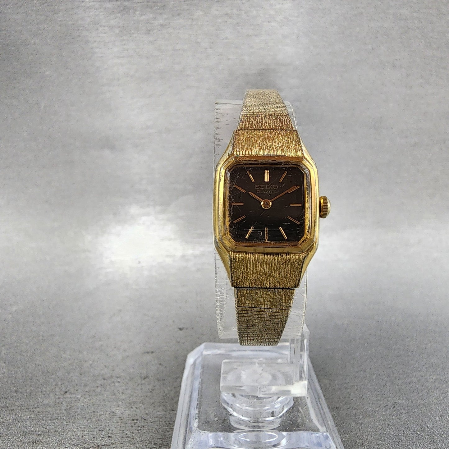 Seiko Tank Watch Women 17mm Brown Dial Gold Tone Rectangle 54205019 New Batt AB5